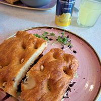 Focaccia sandwiches. (Sausage roll and soup in the background) at Plant Blonde in Glasgow
