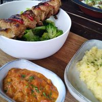 Amazing soy meat skewers with matted potatoes at Steinhaus1718 in Budingen