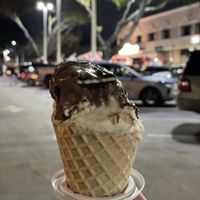 Vegan waffle cone with chocolate oreo and vanilla ice cream  at Jaxson's Ice Cream Parlor & Restaurant in Dania Beach