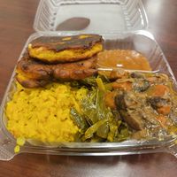 Fritters, Yellow rices, collard greens, jerk mushrooms, ginger seamoss dipping at Lively Up Icells in Stonecrest