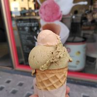 Pumpkin seed cherry and popcorn (both amazing) at Eisbrunnen - Vegan Ice Cream in Munich