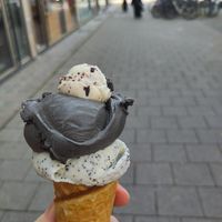 Marcipan poppy seeds, black sesame, stracciatella sample at Eisbrunnen - Vegan Ice Cream in Munich
