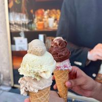 Left cone (bottom to top) - Cinnamon with Riceflour, Vanilla & Walnut (mini).

Right cone (bottom to top) - Black Forest,  Chocolate Mousse & Peanut Butter Chocolate (Mini) at Eisbrunnen - Vegan Ice Cream in Munich