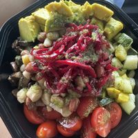 Avocado, white beans, black beans, pinto beans, beets, portabello mushrooms, yellow and green zucchinis, tomatoes😄 at Melao Coffee Shop in Ponce