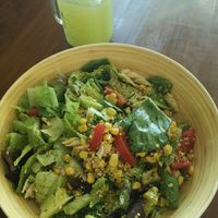 Salad with pasta, corn, quinoa, tomato, avocado, garlic, sunflower seeds, sesam, broccli (medium size) at Saladé in Playa Del Carmen
