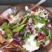 Chilaquiles rojos con chorizo at Mandragora Vegan in Mexico City