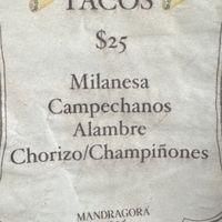 Taco menu  at Mandragora Vegan in Mexico City