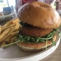 Veggie Burger (plant based schnitzel, field mushroom, rocket, & the mozzarella and truffle mayonnaise they forgot to take off 🤦)  at Auckland House in Gladstone
