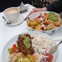 Rainbow budda bowls, one with fritters other with pastry great balance for healthy eating.  at The Grain Cafe in Halifax