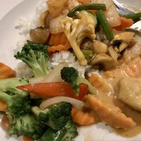Massaman curry (my fave), coconut rice and lots of veg   at Ploy Thai in Falmouth