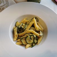 Penne, zucchini in carrot sauce at Il Masgalano in Siena