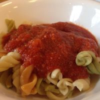 Pasta with marinara. They also offer spaghetti and a white creamy sauce.  at Mean Greens in Denton