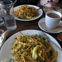 Vegan chow mein; chiya made with oat milk   at Momo Valley in Beacon