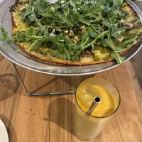 Green forest flatbread, golden milk latte   at Wildseed  in Palo Alto