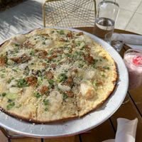 The Carbonara Flatbread with faba milk bechamel and tempeh bacon + the I Got Ube cocktail (definitely try this!)   at Wildseed  in Palo Alto