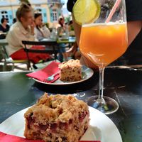 Chocolate cherry cake and a mocktail made with oat milk instead of cowmilk. at café-mats in Karlsruhe