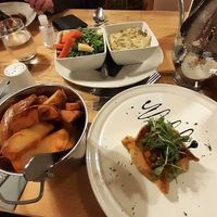 Pepper, Sweet Potato & Pine Nut Tart with chips and veg (the chips were between 2 and the dish of creamed leeks were not mine and not vegan) at Blacksmith Arms in Lastingham