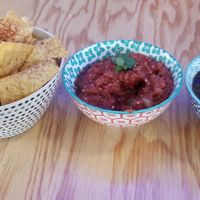 Chips, salsa and black beans at Proper Taco in Midland