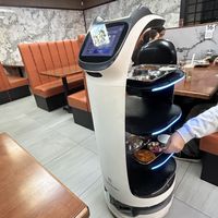 Robot delivering food to table next to us  at Satya Asha Veggie Food World in Surrey