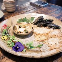 First salad, yam, seaweed and oyster mushroom pa cake with fermented vege.   at Kkot Bape Pida - 꽃 밥에 피다 A Flower Blossom on the Rice in Seoul