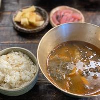 Chaegaejang. The spicy traditional vegetable soup with rice.   at Kkot Bape Pida - 꽃 밥에 피다 A Flower Blossom on the Rice in Seoul