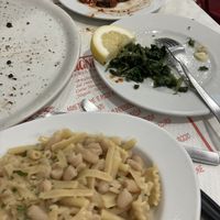 Pasta e fagioli, spinach side, almost finished aubergine side and finished foccacia.  at Scugnizzo in Naples