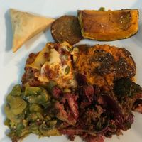 samosa, falafel, pumpkin, lasagna and some veggies at Alhambra in Milan