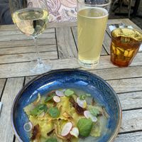 Artichoke, roasted garlic and truffle ravioli, crispy shallots, watercress, extra virgin rapeseed oil. BEST RAVIOLI I’VE EVER HAD. Should have had this as a bigger size for main  at Bear Inn in Cirencester