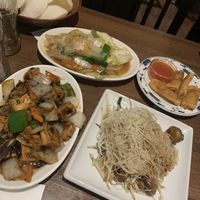 Beancurd in blackbean / stir-fried pak choi / mini spring rolls / stir fried mushroom noodles  at Peking Garden in Stockton-on-tees