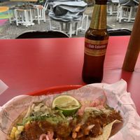 Vegan cauliflower & pineapple tacos. Sorry I covered them with salsa & pickled onions LOL  at Criminal Taqueria in Medellin