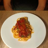 Pasta con i tenerumi rielaborata (piatto tipico siciliano) con pezzi di anguria essiccati al forno at Nova Food Pairing  in Palermo