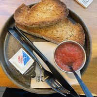 Toast with tomato, olive oil, and salt   at umami in Madrid