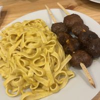 fetuccini con anticuchos  at ConSuLado Vegano in Lima