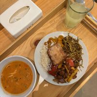 Day one, vege lomo saltado, pesto noodles, soya steak, curry and rice. 12 soles! at ConSuLado Vegano in Lima