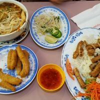 joy noodle soup, crispy strips, and lemongrass rice at D'Vegan in Dallas