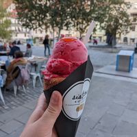 Raspberry ice cream at Sisters Kurtoš in Ljubljana