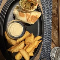 Wrap vegano con falafel, hummus di melanzane, verdure, patate dipper con maionese di miso ( buonissima)   at Darsenale - Bizantina Brewpub in Ravenna