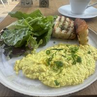 Vegan scrambled tofu with greens and bread   at Karma Organic Coffee in Krakow