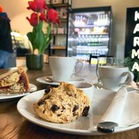 Chocolate scone and gruszka migdaly cake  at Karma Organic Coffee in Krakow