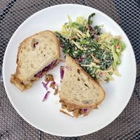 Crispy chix sandwich and side salad   at Botanical Plant-Based Fare in Charlottesville