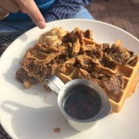 Chik'n and waffles with cashew butter and chili maple 🤍🌱  at Botanical Plant-Based Fare in Charlottesville