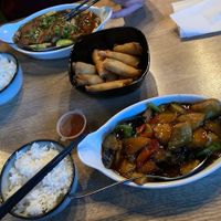 Vegan duck, spring rolls (vegetarian), and egg plant stir fry (top to bottom) at nihao YAO in Copenhagen