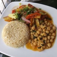 Meal of the day... Mixed veggies with soy bits, brown rice and garbanzo beans at Restaurante Union Vegetariano in Lima