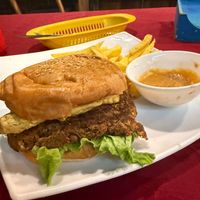 Mixed hamburger with shicken patty and homemade lentil patty  at Don Sanduchito in Puerto Villamil