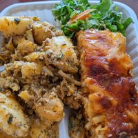 Pasta bake with garlic new potatoes. at De Ultimate in Bridgetown