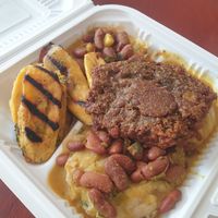 plantain, breadfruit mash, kidney bean and coconut curry, lentil fry ($16) at De Ultimate in Bridgetown