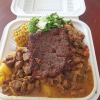 sweet corn, lentil fry, salad, cassava, breadfruit mash, lentil mash and soy chunk curry ($20) at De Ultimate in Bridgetown