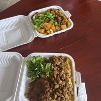 Mashed potatoes with soya stew, plantains and veggies  at De Ultimate in Bridgetown