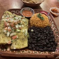vegan enchiladas (sweet potato and kale filling) + black beans and rice + spicy sauce + chips  at El Halal Amigos in San Jose