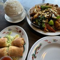 Spring rolls and kung pao tofu. The veggies are fresh and crunchy. Absolutely delicious! Leftovers galore!  at Great China in Kirkland